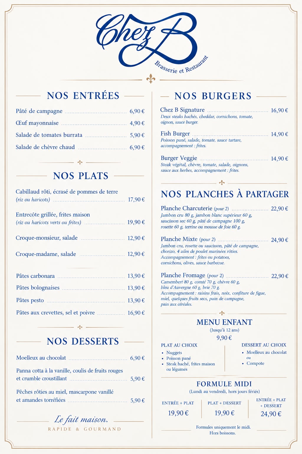La carte de Chez B — brasserie et restaurant à Épône